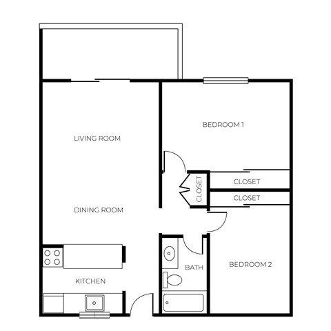 Floor plan for 2 beds, 1 bath, 770 sqft